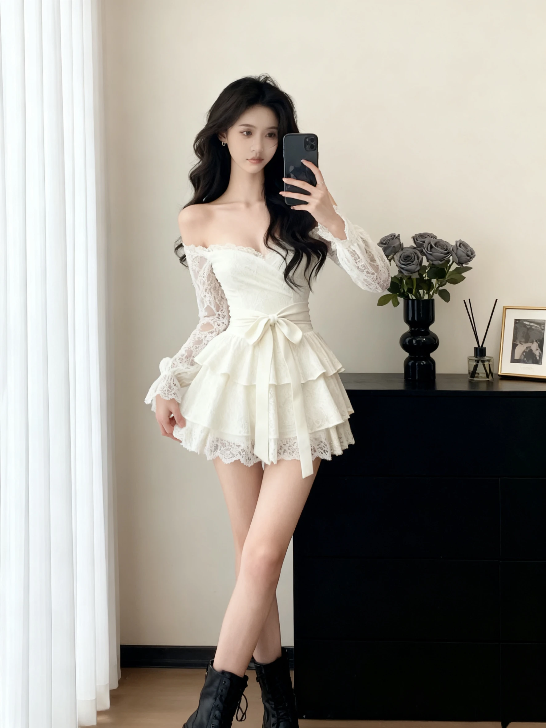 

Белое кружевное платье на одно плечо с рукавами-колокол, корейский стиль, с завышенной талией, короткая юбка, весенняя новинка, элегантное, с бантом, длинный рукав