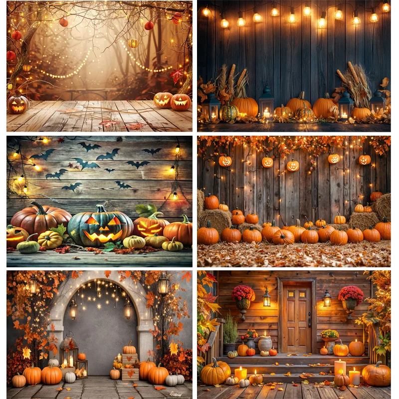 Halloween Day Autumnal Pumpkins Photography Backdrops Props Maple Leaf Scarecrow Farm Harvest Thanksgiving Background RR-18