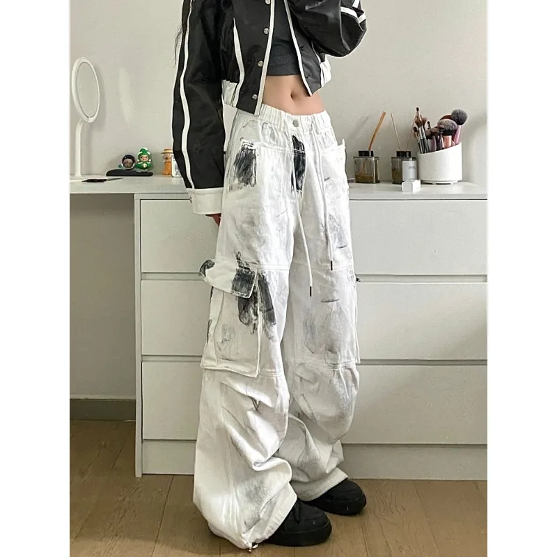 QWEEK Y2k Streetwear Cargo Jeans Women Oversized Vintage Wide Leg Pocket Denim Pants Korean Fashion Hiphop Baddie Trousers Kpop