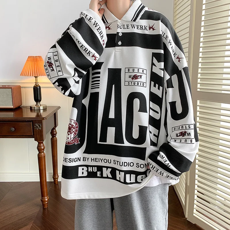 Turn-down Collar Mens Sweatshirts Long Sleeve 2023 Streetwear Harajuku Printed Hoodies Vintage Korean Oversized Outwear