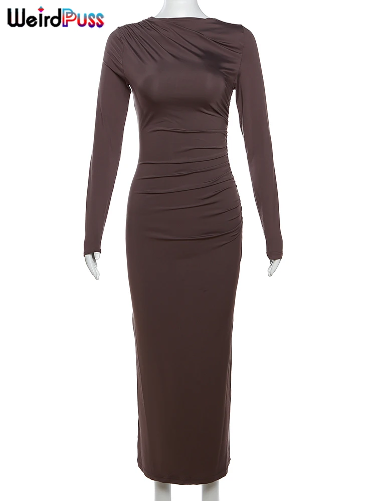 Strano gatto elegante temperamento donna maxi abito manica lunga o collo cerniera solido autunno moda aderente abiti da sera per feste