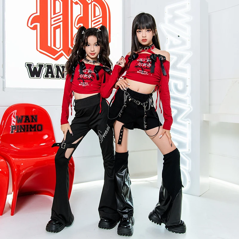 Girls Hip Hop Dance Costume Jazz Performance Clothing Fashion Catwalk Outfits Stage Wear Red Crop Top Black Pants Shorts XH1581