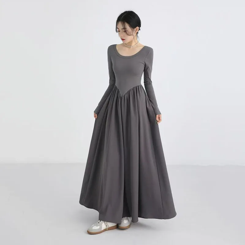 Vintage Backless Black Dress Women Spring Elegant Hepburn Style Long Sleeve Midi Dress Y2K Korean Folds Splicing A Line Dress