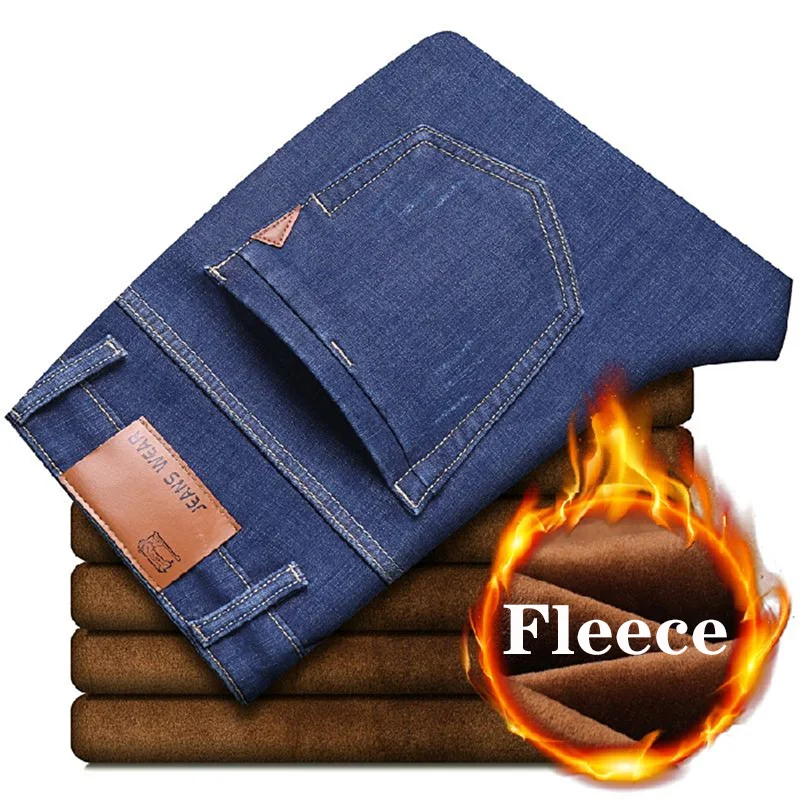 Pantalones vaqueros elásticos de lana para hombre, Jeans clásicos, rectos, azules, cálidos, negocios, moda, invierno, talla grande 28-40