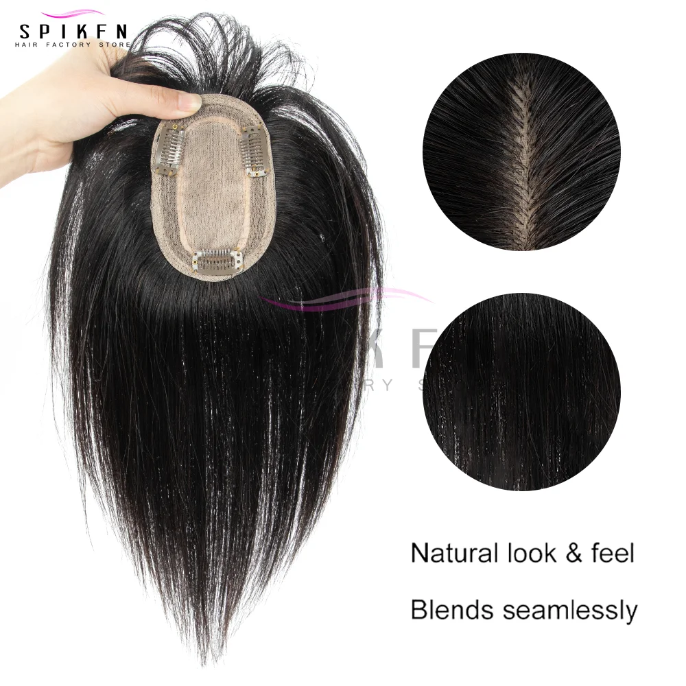 自然な黒色の本物の人毛ヘアピース（前髪付き）8x12cm 通気性のあるヘアベース ヘアピース 薄毛または前髪のヘアスタイル用 20-35cm