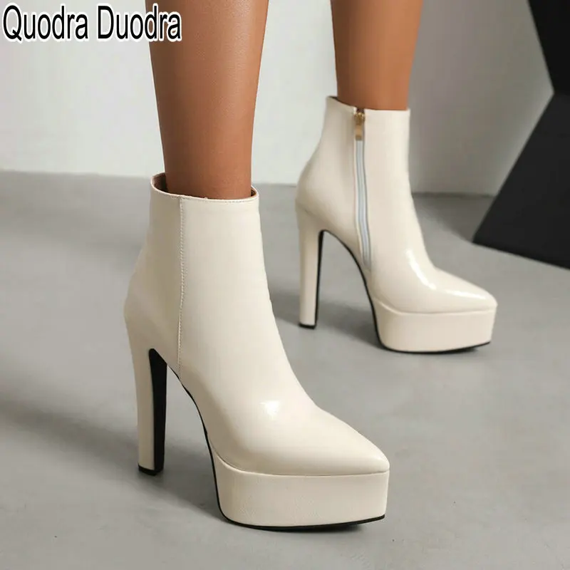 Ankle Boots New Women Shoes Winter Platform Big Size 43 34 Zipper Short Plush High Heels Luxury Pointed Toe Patent Leather Sexy