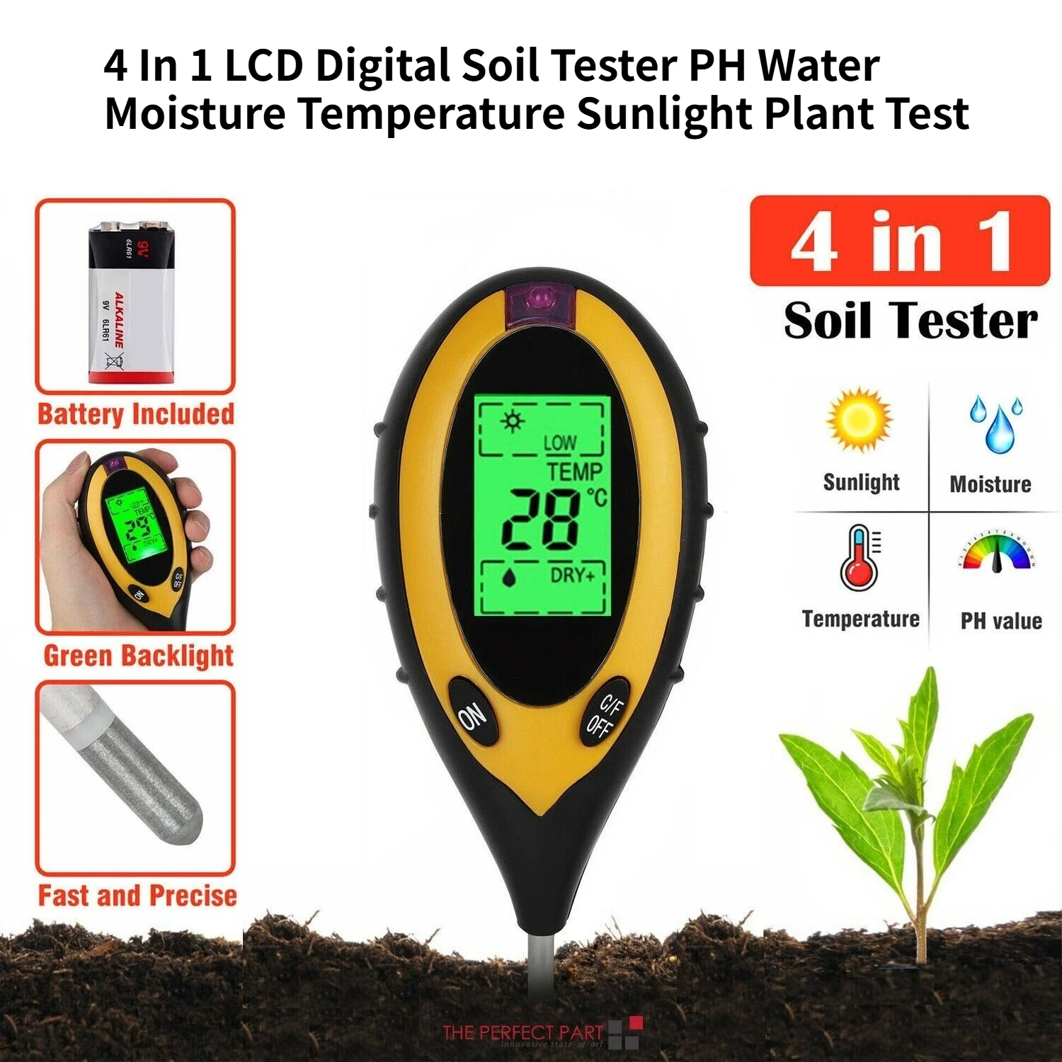 Soil Test Digital - 4 in 1 LCDデジタル土壌テスター PH水水分温度太陽光植物テスト