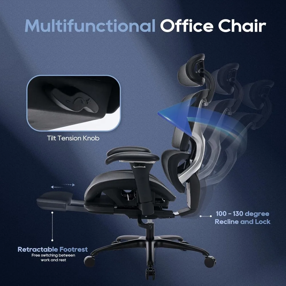 Chaise de bureau ergonomique en maille avec repose-pieds, chaise de bureau d'ordinateur à dossier haut avec appui-tête large et bras 3D réglables, Ba