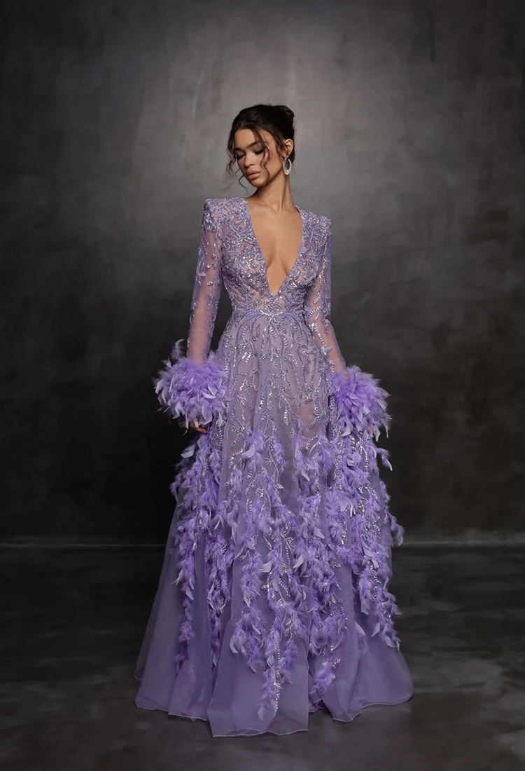 

Luxurious Purple Long Sleeves Beaded Crystal Feathers فساتين السهرة vestidos de fiesta فساتين سهره evening dresses