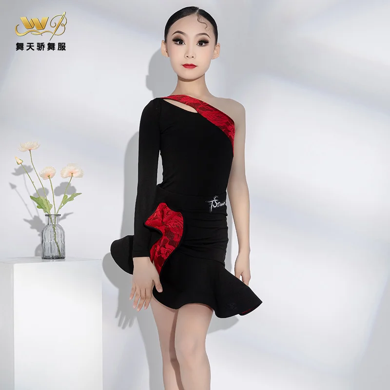 

Professional Latin Dance Costumes For Girls Single Sleeve Split Skirts Suit Chacha Rumba Tango Latin Performance Dress CN265518
