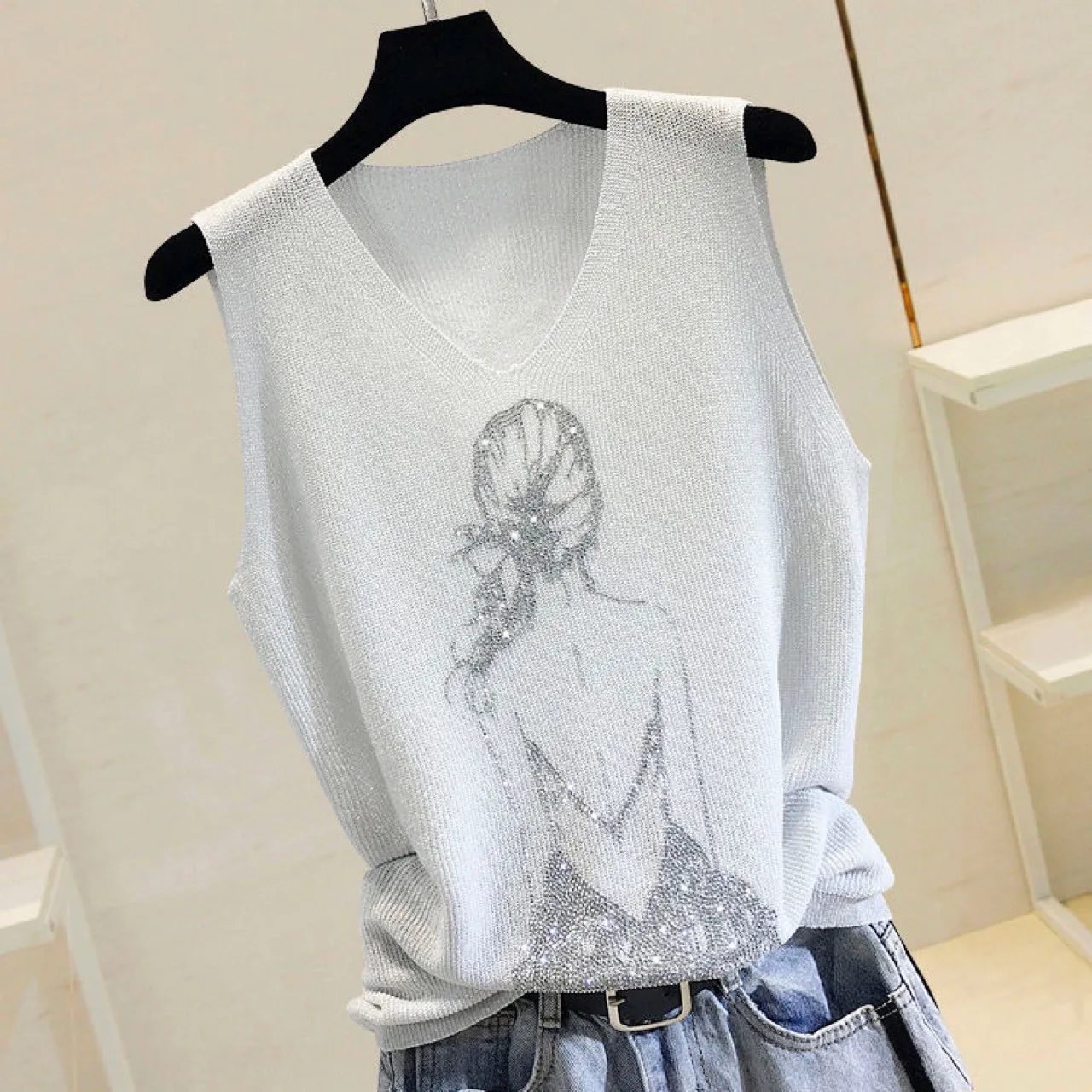 Women Girls Diamonds Knitted Tank Tops Vintage Sleeveless Knitwear T-Shirt Summer Thin Bright Silk Cropped Pullover V-Neck