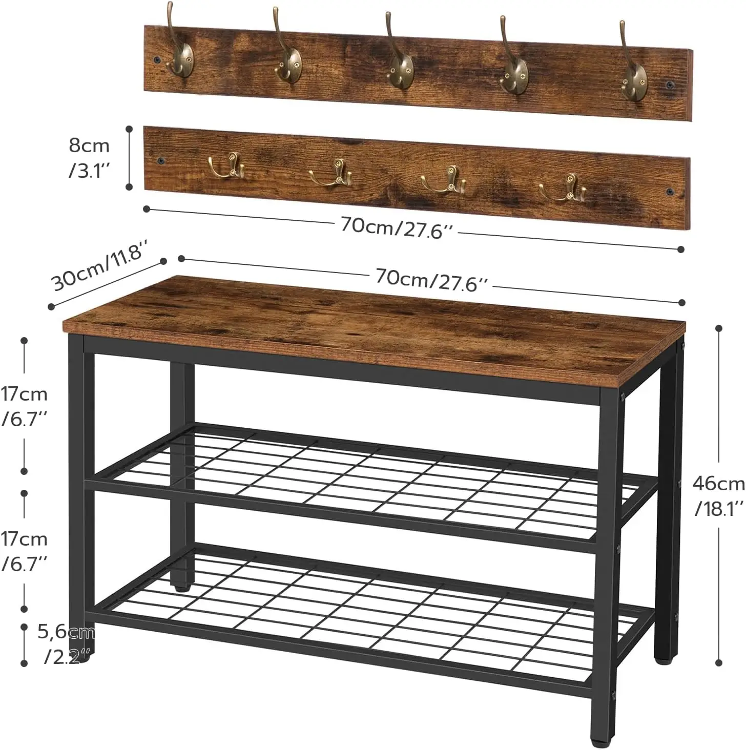 Industrial Hall Tree with Bench, Coat Rack Shoe Storage Set for Entryway, Rustic Brown
