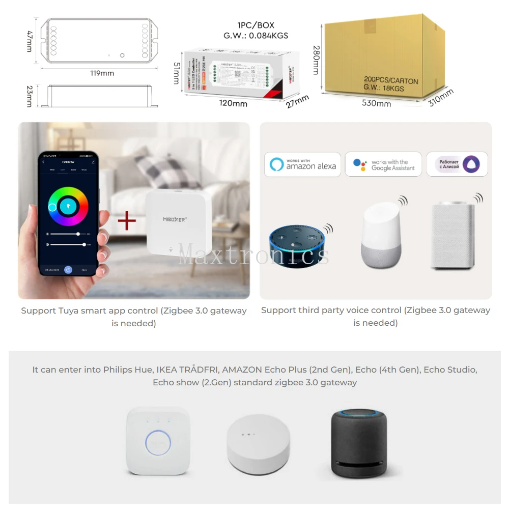 Miboxer DC12~48V Zigbee3.0 +2.4G RF LED Controller  2IN1-PZ2/ 5IN1-PZ5 Max 20A For Single/Dual Color /RGB/RGBW/RGB+CCT Led Strip
