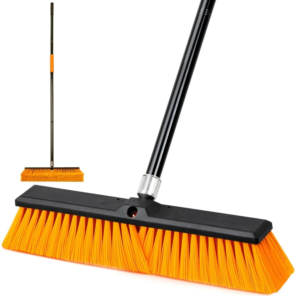 

18" Heavy Duty Outdoor Push Broom 59.4" Long Handle Stiff Bristle Floor Broom for Patio Garage Concrete Tile Wood Stone Deck