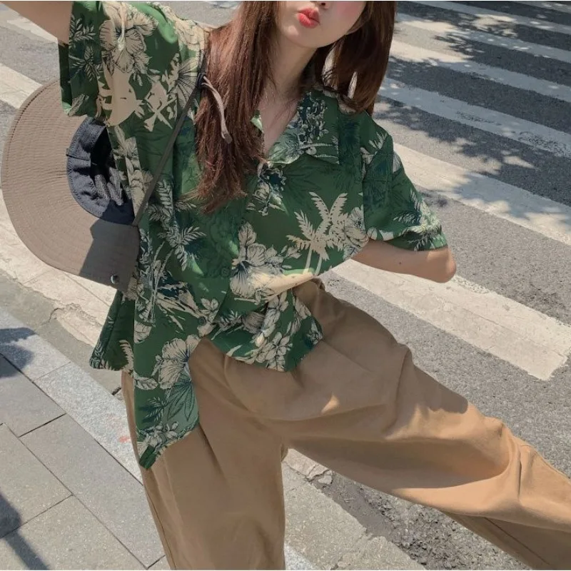 Deeptown Hawaiian Vintage Short Sleeve Shirts Y2k Youthful Woman Korean Style Blouses Stylish Harajuku Fashion Female Top Summer