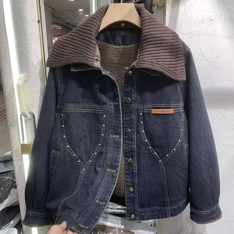 الأمريكية الرجعية الخريف الشتاء جديد صوف مبطن سميكة المرأة فضفاضة بسيطة عادية سميكة الأعلى العصرية #2