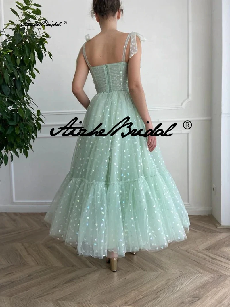 Vestido de fiesta de tul con estampado de corazón verde menta, vestido de fiesta con bolsillos laterales y tirantes con lazo, falda drapeada con borde superior, vestido de fiesta Formal