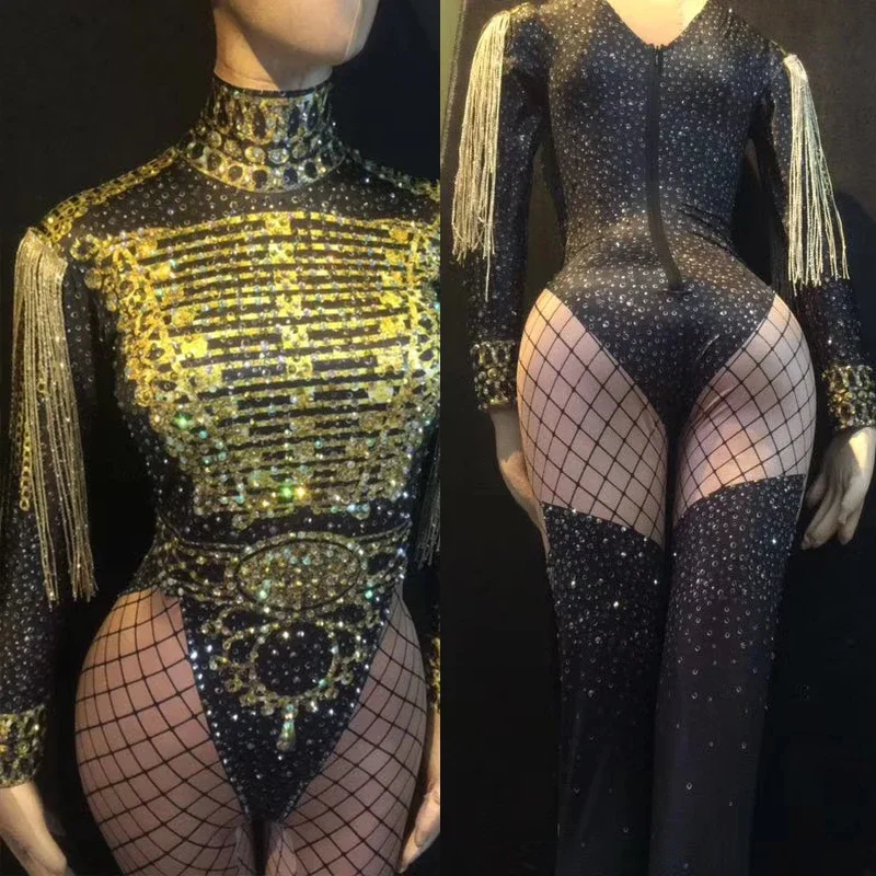 

Gold Fringes Rhinestones Jumpsuit Women Jazz Dance Stretch Bodysuit Outfit Evening Show One piece Sexy Costume club Wear