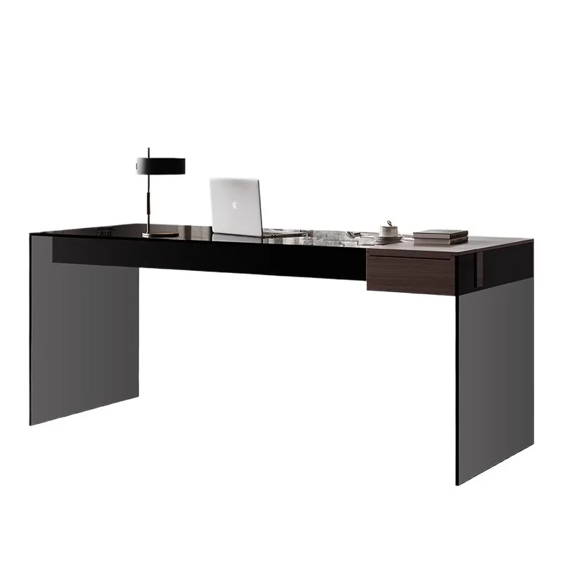 Italian minimalist, smoky color desk, modern light luxury, high-end villa, tempered glass suspension table