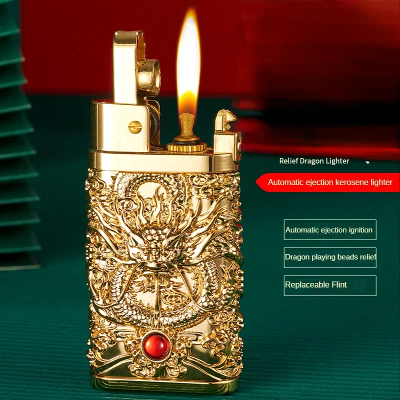 Personalized Metal Helmet Armor Dragon Carving Press Automatic Ejection One Button to Start Kerosene Open Fire Vintage Lighter