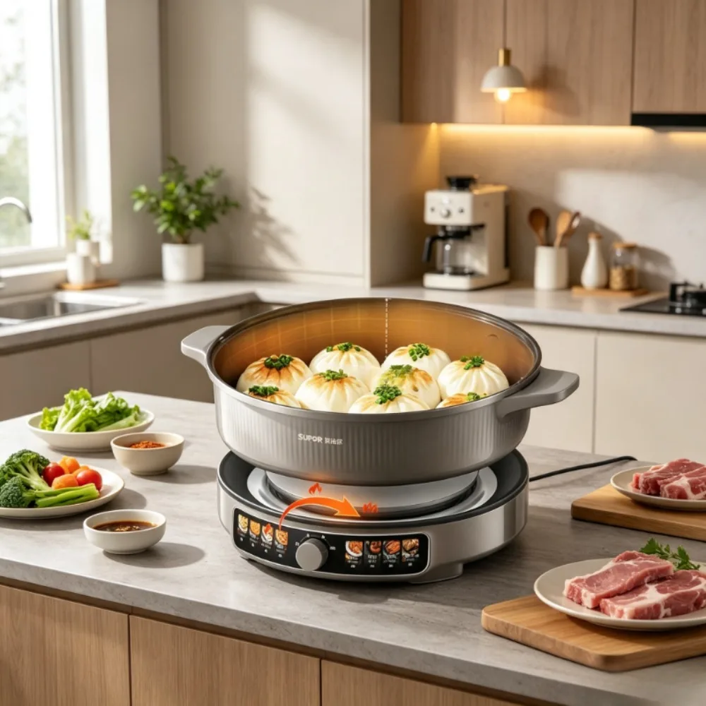 Large 34cm Deep Dish Electric Griddle 76mm, Detachable Plates 4-Function Cooker, Perfect for Hotpot BBQ Pan-Fry Baking at Home