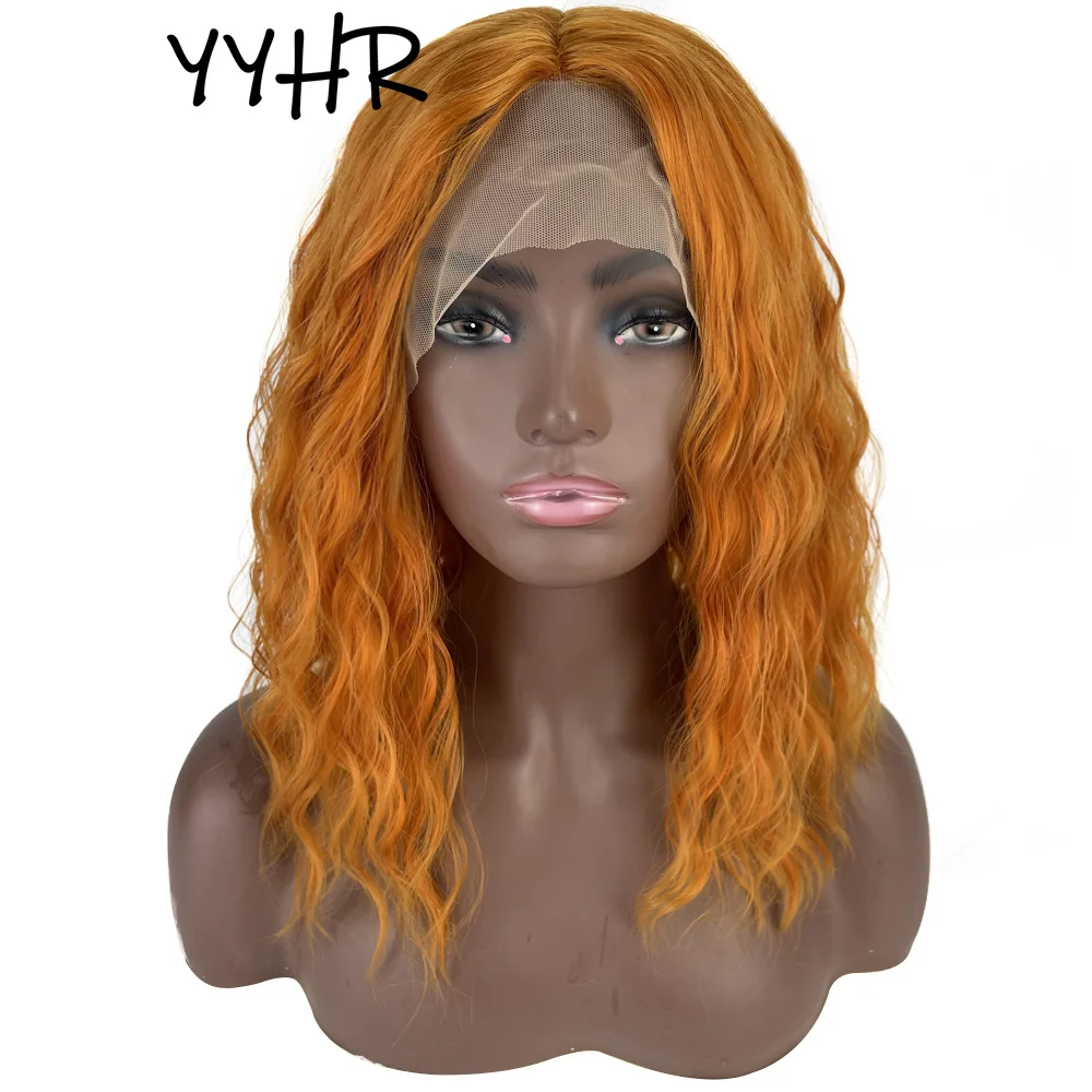 Peluca de encaje de Cosplay para mujer negra, pelo Bobo, naranja Natural, ONDA DE AGUA, rizado corto, peluca sintética de 13x4 4x1 T