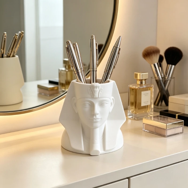 Pharaoh 3D Relief Pen Holder Statue, Indoor Outdoor Xmas Halloween Valentine Decor, Desk Shelf Home Ornament