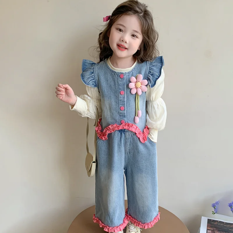 Girl Cowboy Three-Piece Set T-Shirt Vest Pants Spring Autumn Straight-Leg Pants Lace Tops Child Kawaii Fashion Casual Clothing