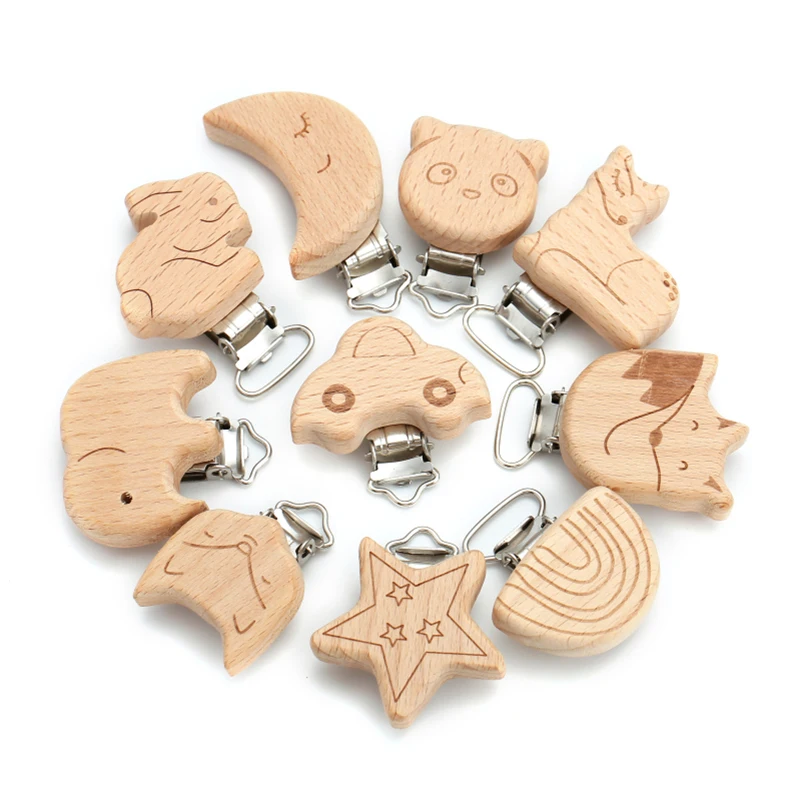 5Pcs/Lot Cute Cartoon Style Wood Sucker Natural Chain Printing Beech Wood Teether Pacifier Clip DIY Dummy Clip Chains Accessory