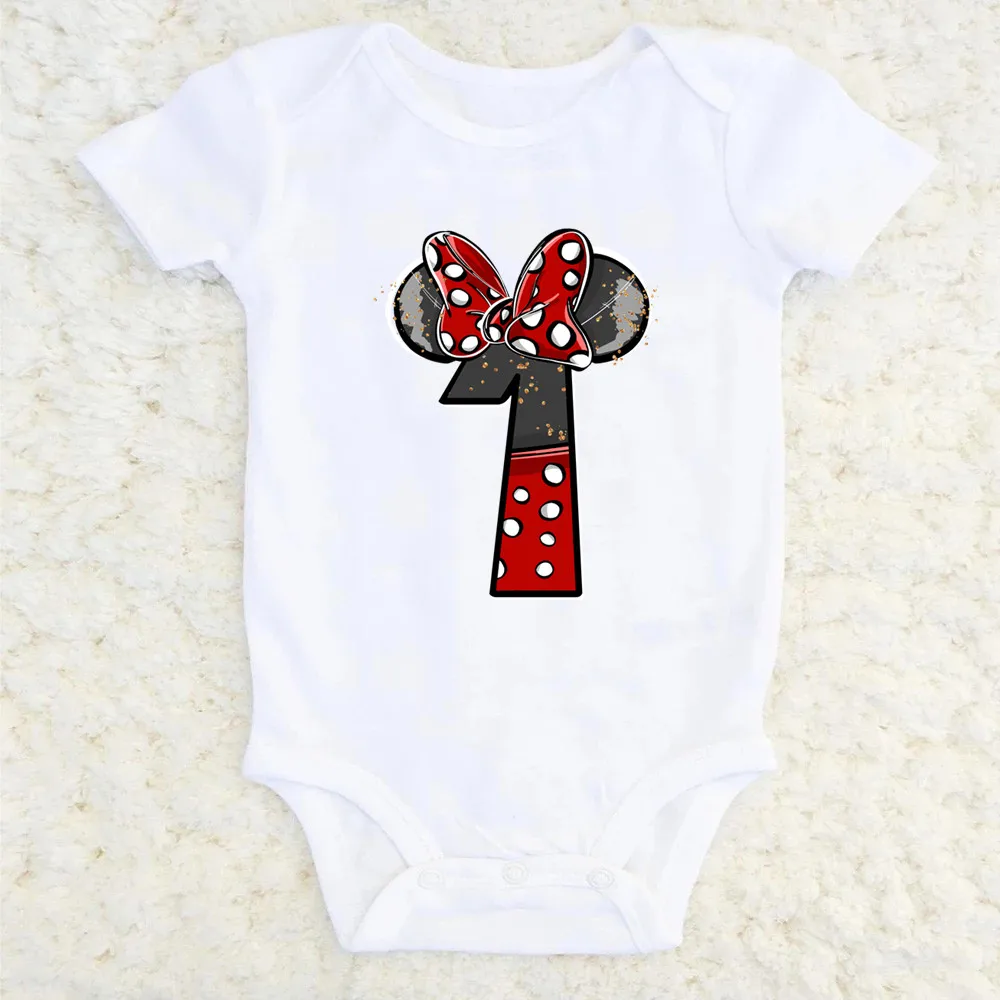 Kawaii Disney Minnie Mouse 1st Birthday Baby Bodysuit Cotton Short Sleeve Newborn Romper Birthday Partybaby Clothes for Girls