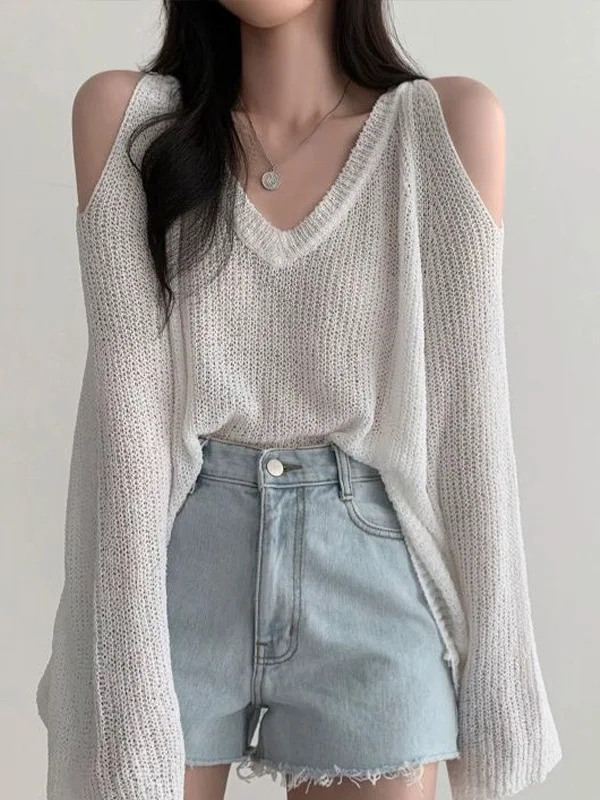 

Loose Fit Korean Style V-Neck Hollow out Thin Sun Protection Cover up Long Sleeve Knitted Top for Women Simple Shoulder Baring