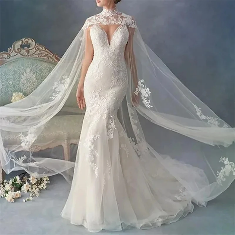 

Long Train High Neck Wedding Capes Cloak Lace Bride Jackets Bolero White Tulle Bridal Shawl Wrap Evening Cover Up Top