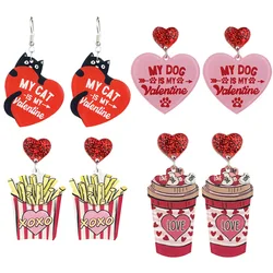 New Valentine's Day Earrings Cat Food French Fries Coffee Cup Love Heart shaped Acrylic Earrings Valentine's Day Decoration Gift
