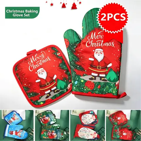 2Pcs/Set Christmas Oven Mitts Kitchen Baking Glove Microwave Oven Glove High Temperature Resistant Gloves for Cooking Grilling