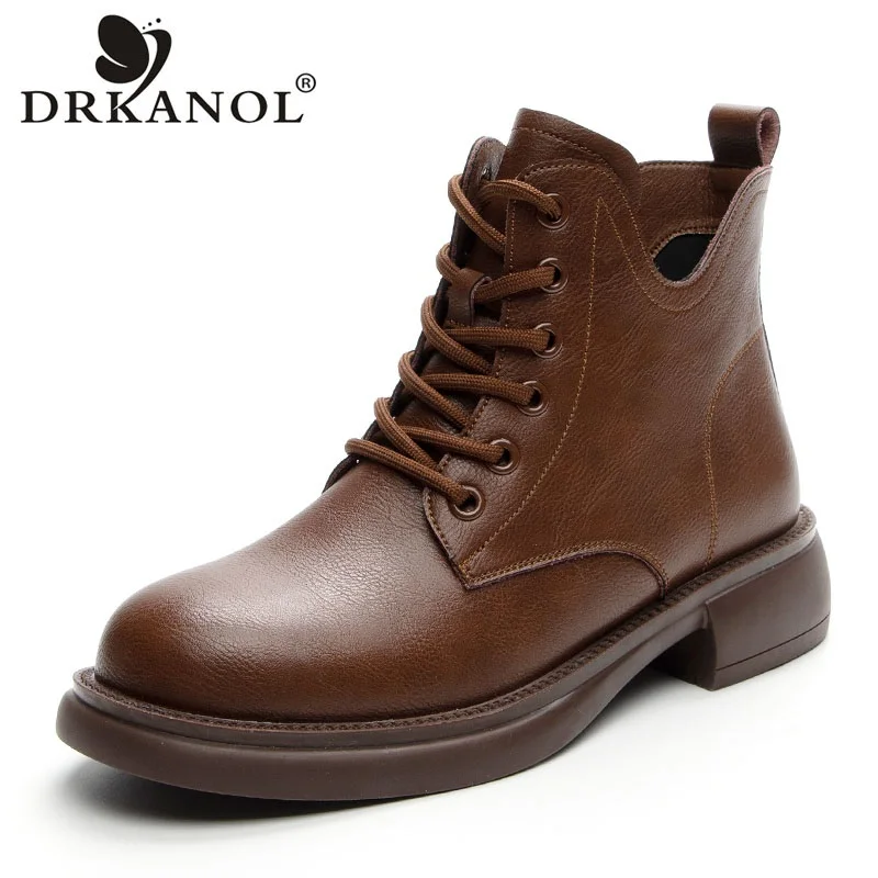 DRKANOL British Style Women Med Thick Heel Ankle Boots Autumn Winter Plush Warm Casual Short Boots Lace-Up Zipper Soft Fur Shoes