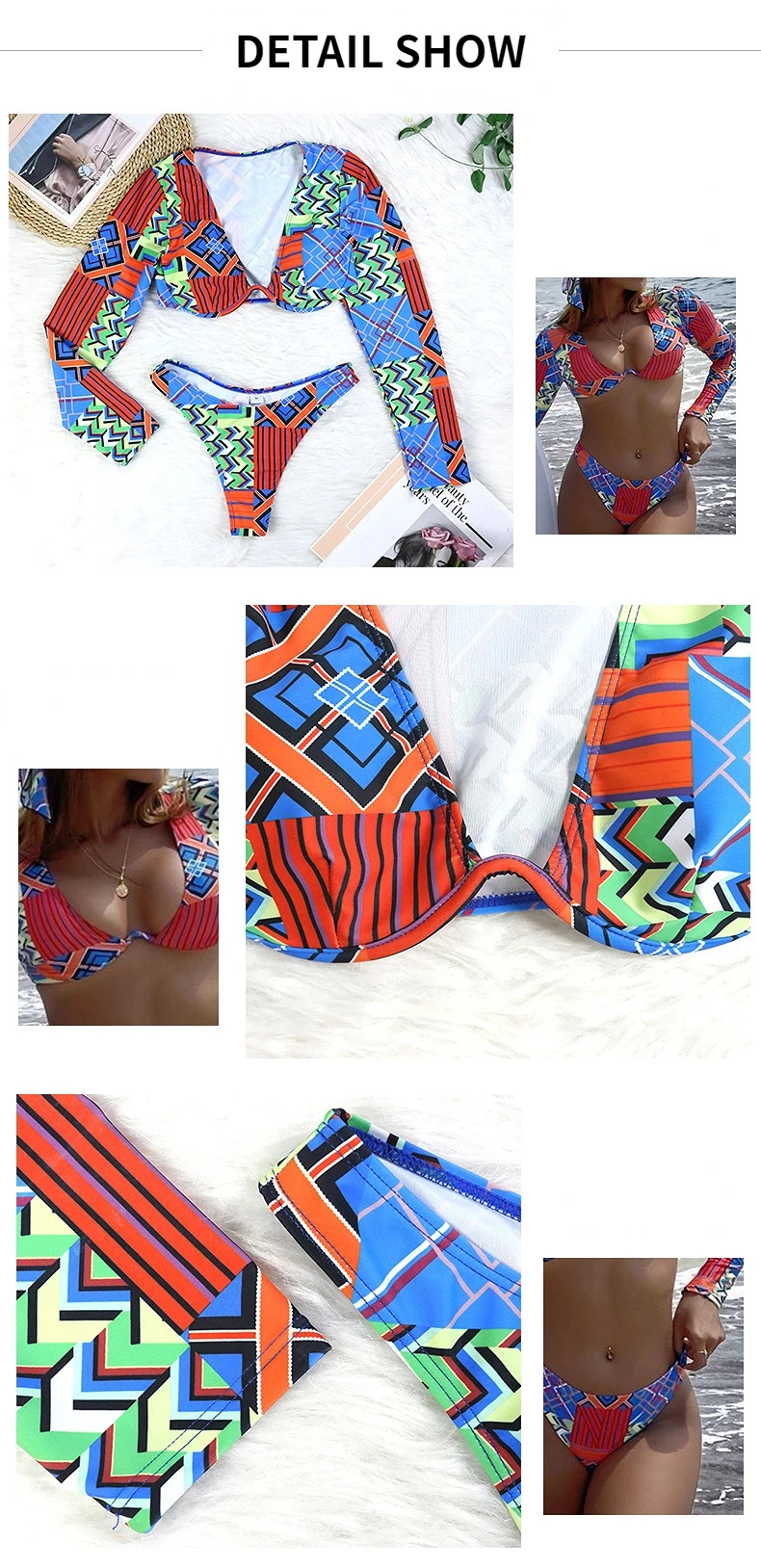 New Sexy Two Piece Swimsuit Swimwear Women Push Up Long Sleeve Print Bathing Suit Beachwear Female Banadores Bikinis 2024 Mujer