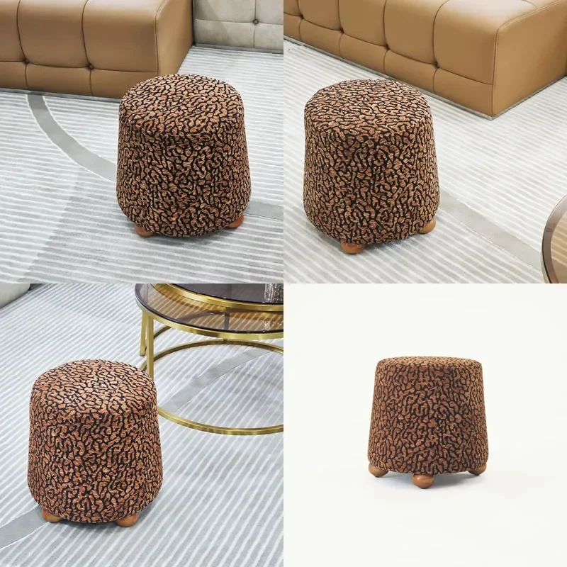 Modern Fabric Ottoman Footrest Stool with Storage Small Round Pouf and Wooden Legs for Living Room Bedroom Dressing Bench