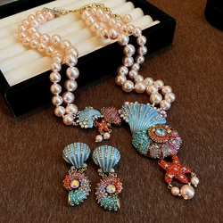 3 Pcs Crystal Pearl Conch Double-layer Necklace Earrings Retro Exaggerated Sweater Chain Jewelry Sets Wholesale Accessories
