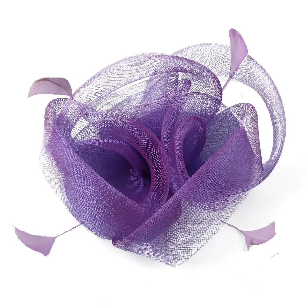 Elegant Women Purple Tulle Hair Fascinator Hat Hair Clip With Fancy Feathers Hair Accessories Chic Bride Mesh Headwear Hair Pins