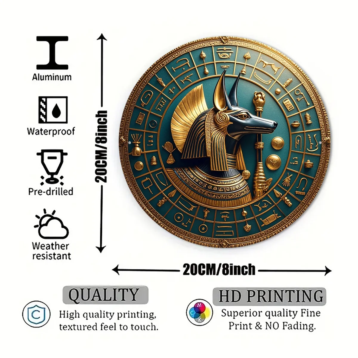 2D Flat, 1pc Egyptian Hieroglyphic Sign - Vintage Egyptian-Themed Aluminum Aluminum Plaque with Hieroglyphics, 8X8 Inches (20X20
