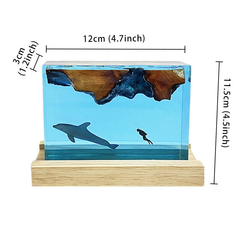돌고래 체이스 유기체 송진 테이블 조명, 창의적인 아트 장식 램프, 돌고래 다이버 테마 야간 조명, USB 충전