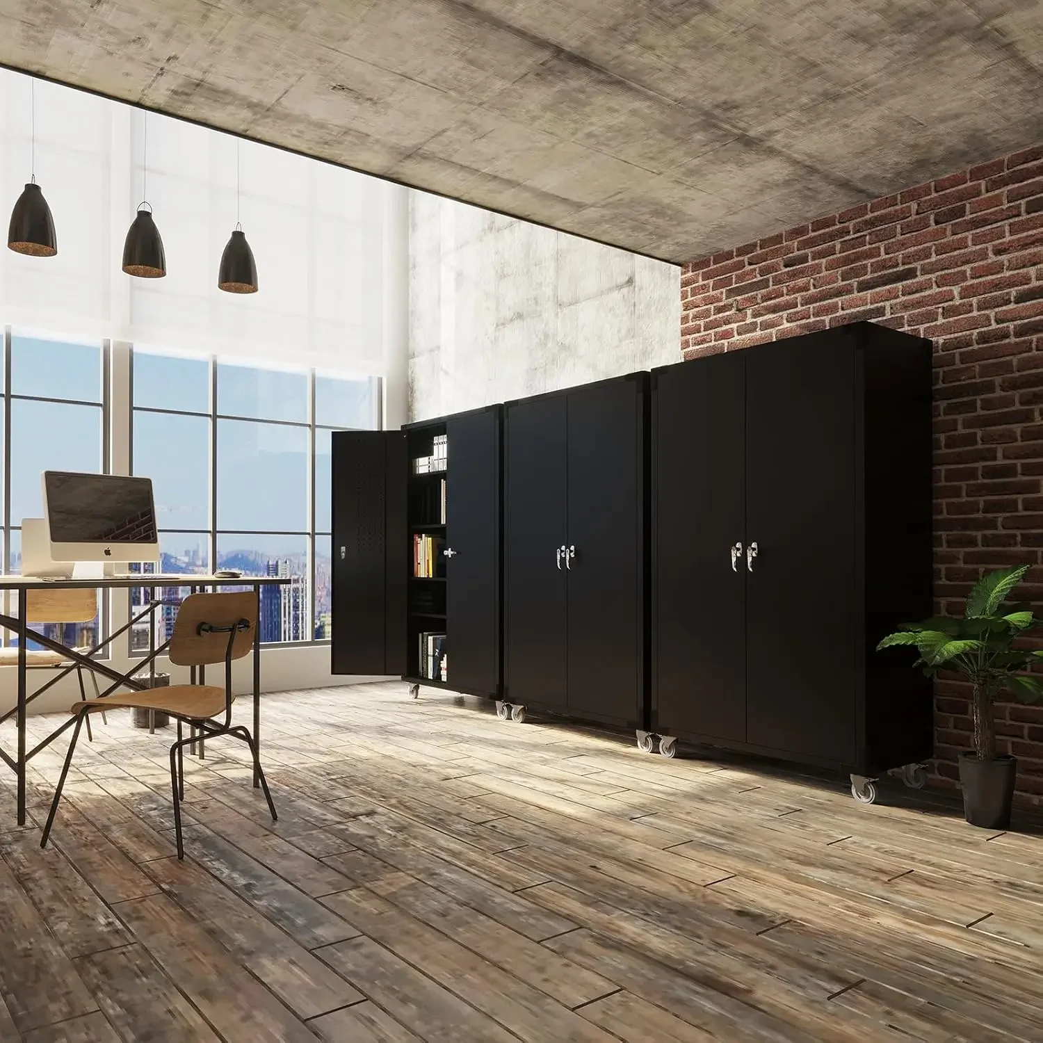 Upgraded Wide &  Storage Cabinet, Metal Storage Cabinet with Pegboards, Wheels, Locking Doors and Adjustable Shelves (Black,)