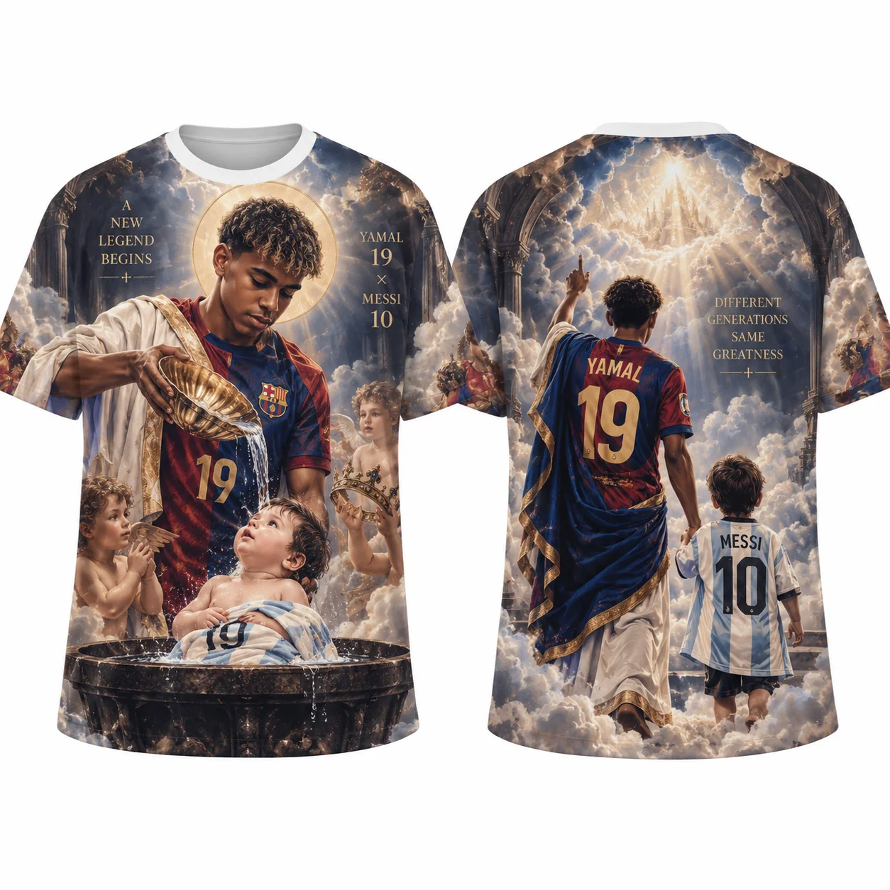 Yamal Baptizing Messi Meme T-Shirt, Football GOAT Legacy Joke All Over Print Shirt, Soccer Fan Gift