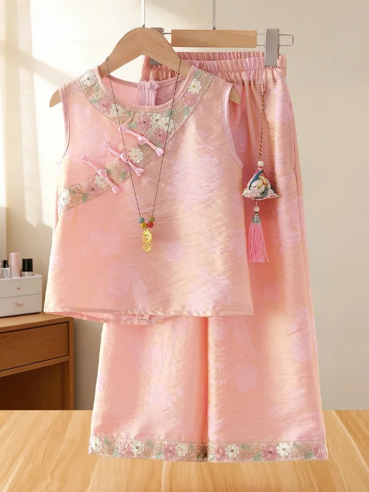 la-chapelle-girls'-new-chinese-style-sleeveless-two-piece-set-summer-breathable-comfortable-plant-floral-patterned-children's