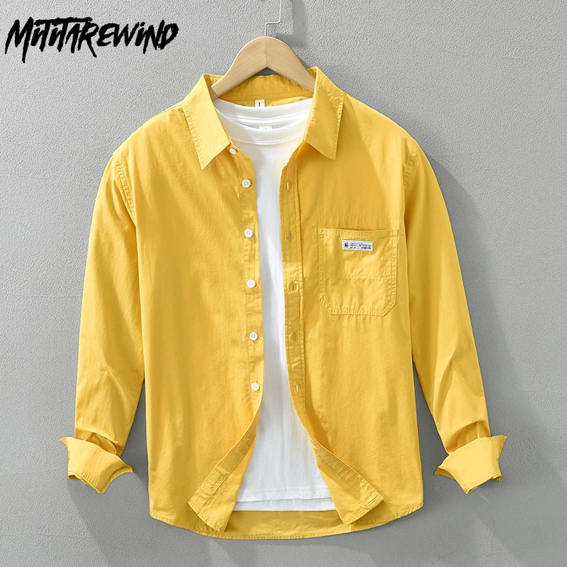 Japanese Fresh Long Sleeve Shirt Man Spring Fall Fashion Casual Men\'s Clothing Pocket Pure Cotton Yellow Shirt Loose Tops Simple