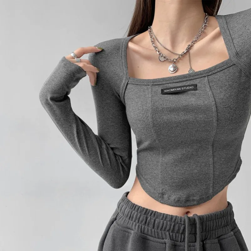 Square Collar Long Sleeve T-Shirt Women's Early Spring Korean Version Trend Design Short Style Spicy Base Shirt 