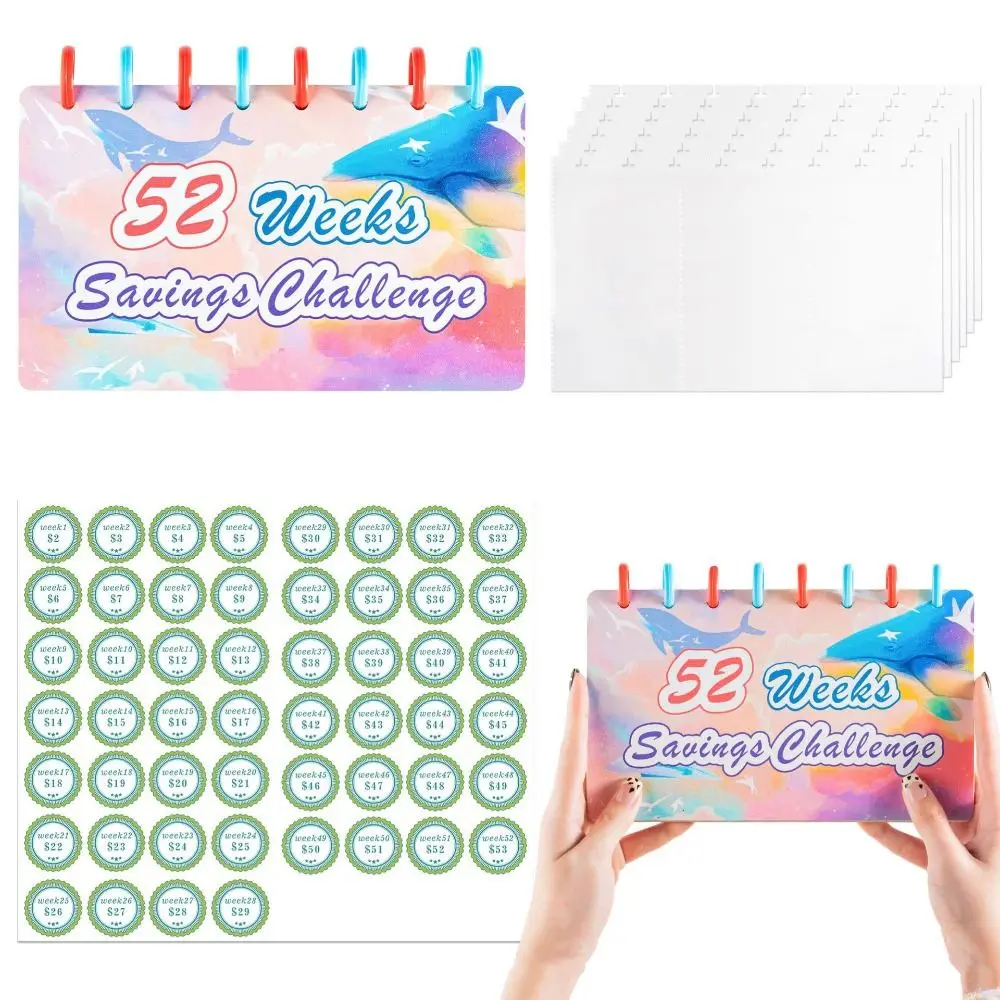 Quaderno per sfide di risparmio da 52 settimane Raccoglitore settimanale colorato per buste per contanti Raccoglitore per risparmio multi tasche Raccoglitore per budget a fogli mobili