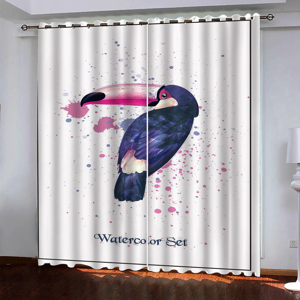 HUANZHUANG Curtains Long 2 Panels Painted Animal Parrot Room Darkening Grommet Curtain For Living Room, Thermal Insulated Window