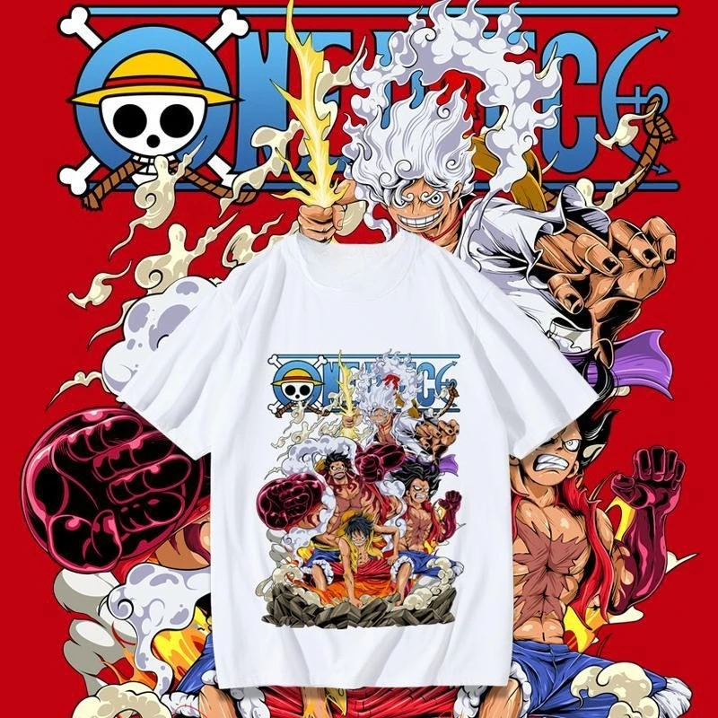 Camiseta articulada de Luffy, ropa periférica de animación de hombre serpiente de cuatro velocidades, forma Nika de cinco velocidades, marea Ins japonesa de manga corta