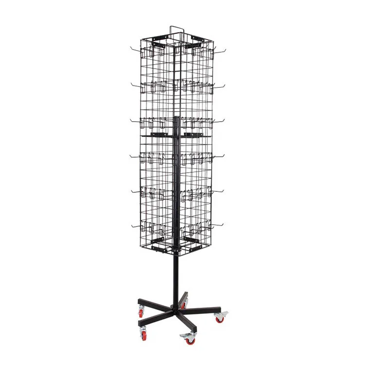 Four-sided Grid Rotating Shelf With Wheels Black Metal Revolving Keychain Stand For Display